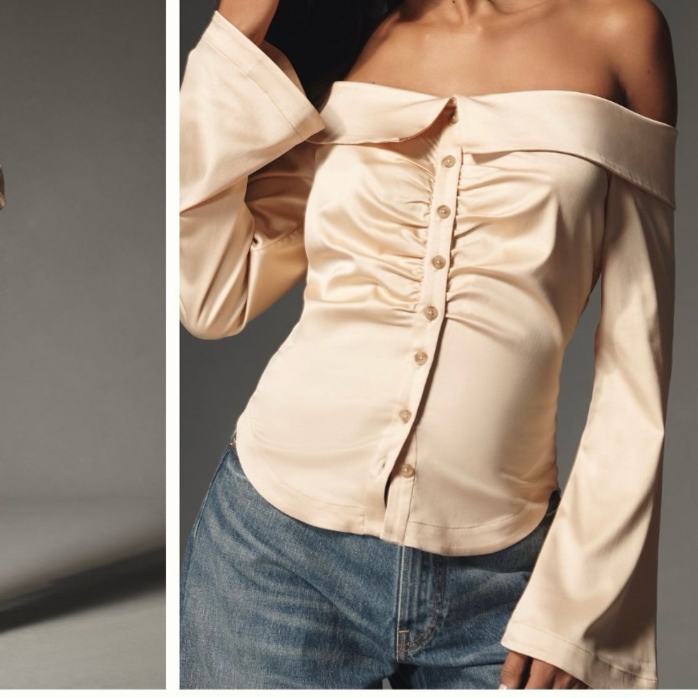 By Anthropologie Off-The-Shoulder Collared Silky Shirt